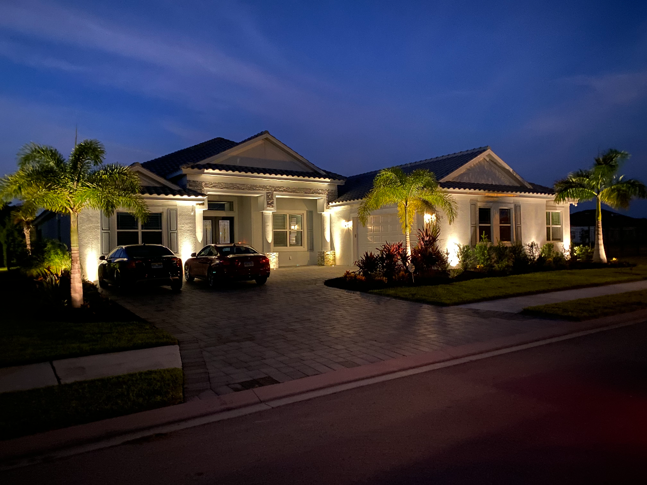 Luxury Florida estate with architectural landscape lighting